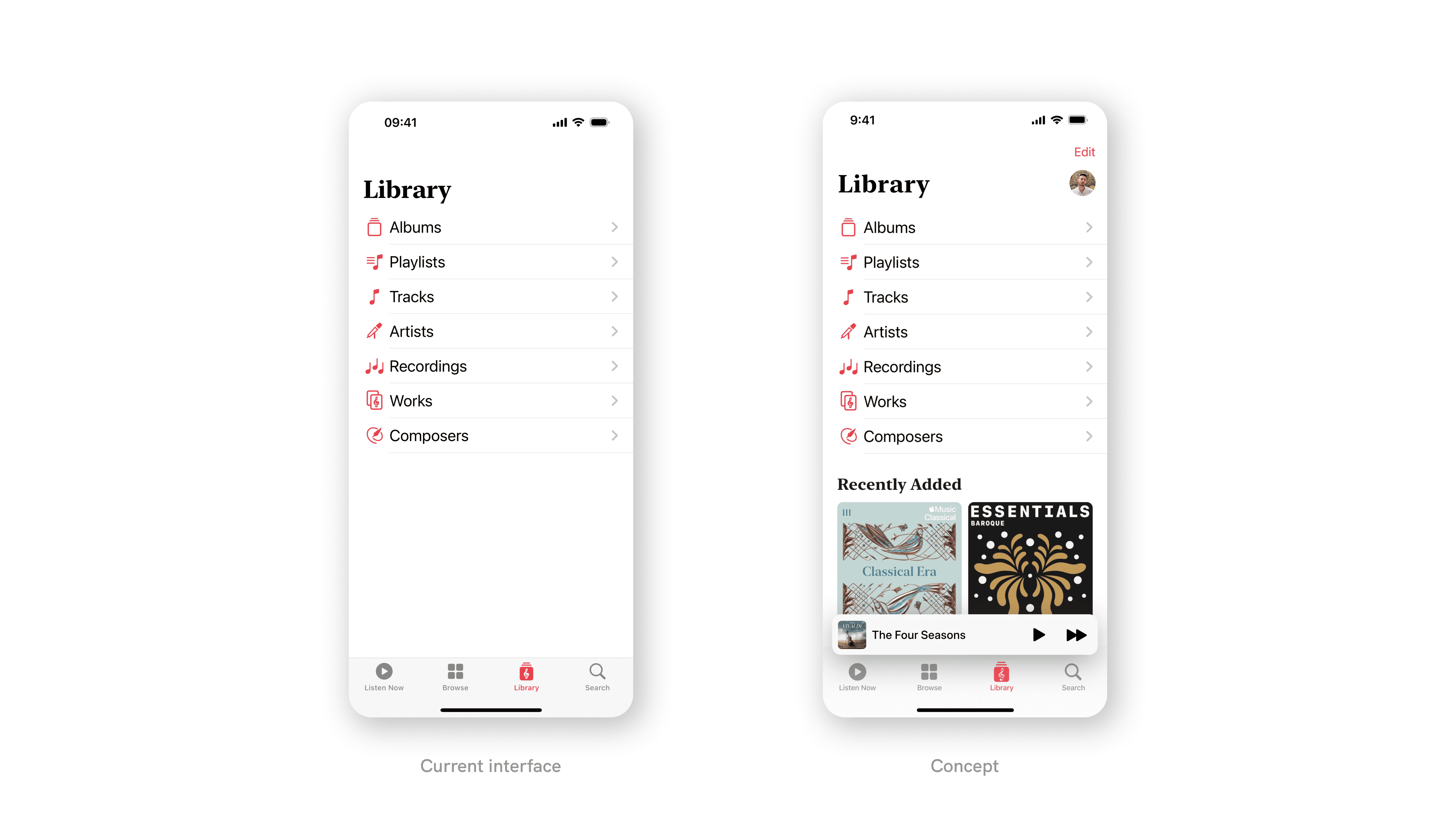The current Library interface and the proposed concept.